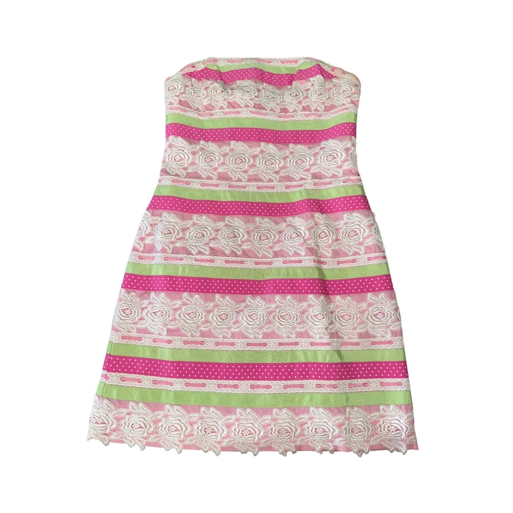 Lilly Pulitzer Shift Floral Lace Trim Rosettes Lined strapless Dress White Label